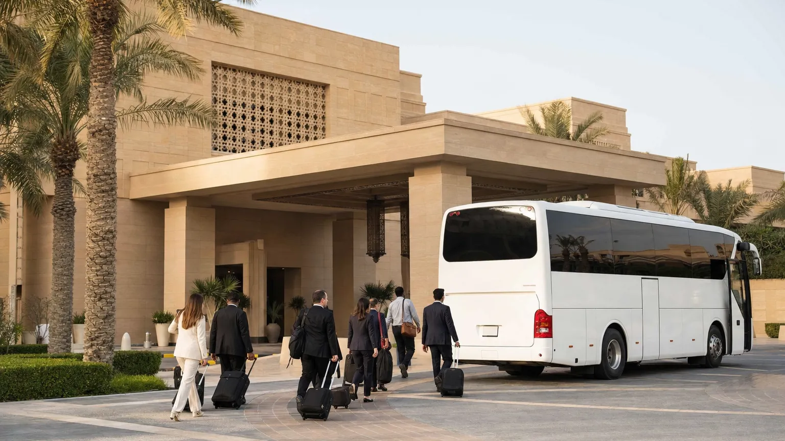Business travellers with luggage walking toward a white coach outside a hotel in Doha