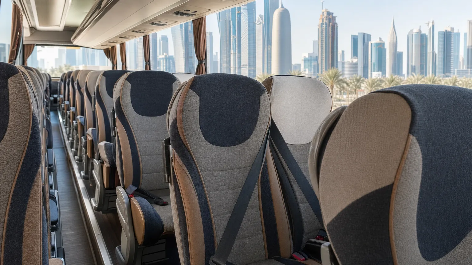 Rows of comfortable seats inside a modern coach with the Doha skyline visible through the windows