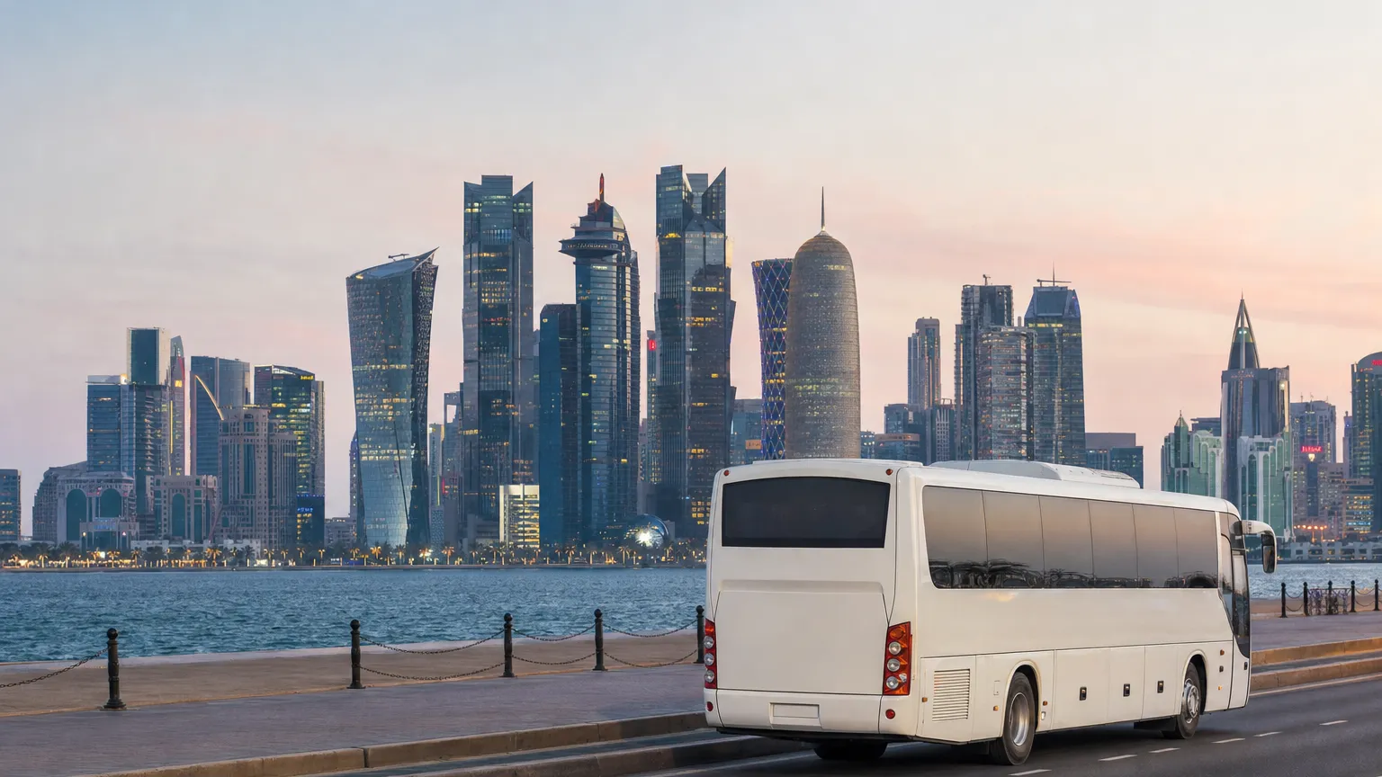 Doha West Bay skyline at dusk seen from the Corniche with a white coach on the waterfront road